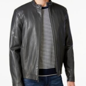 Calvin Klein Mens Faux Leather Motorcycle Jacket Grey XL NWT